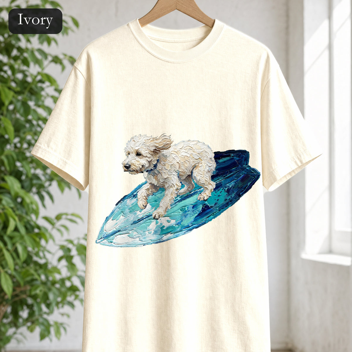 Surfing Dog Shirt, Painterly Surf Dog Tee, Beach Coastal Dog Lover Gift, Summer Ocean Dog Mom Sweatshirt