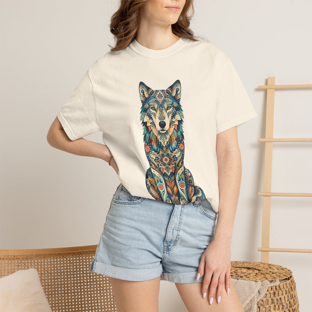 Boho Wolf Shirt, Folk Art Wolf Tee, Japanese Pattern Wolf Lover Gift, Vintage Floral Wolf Sweatshirt