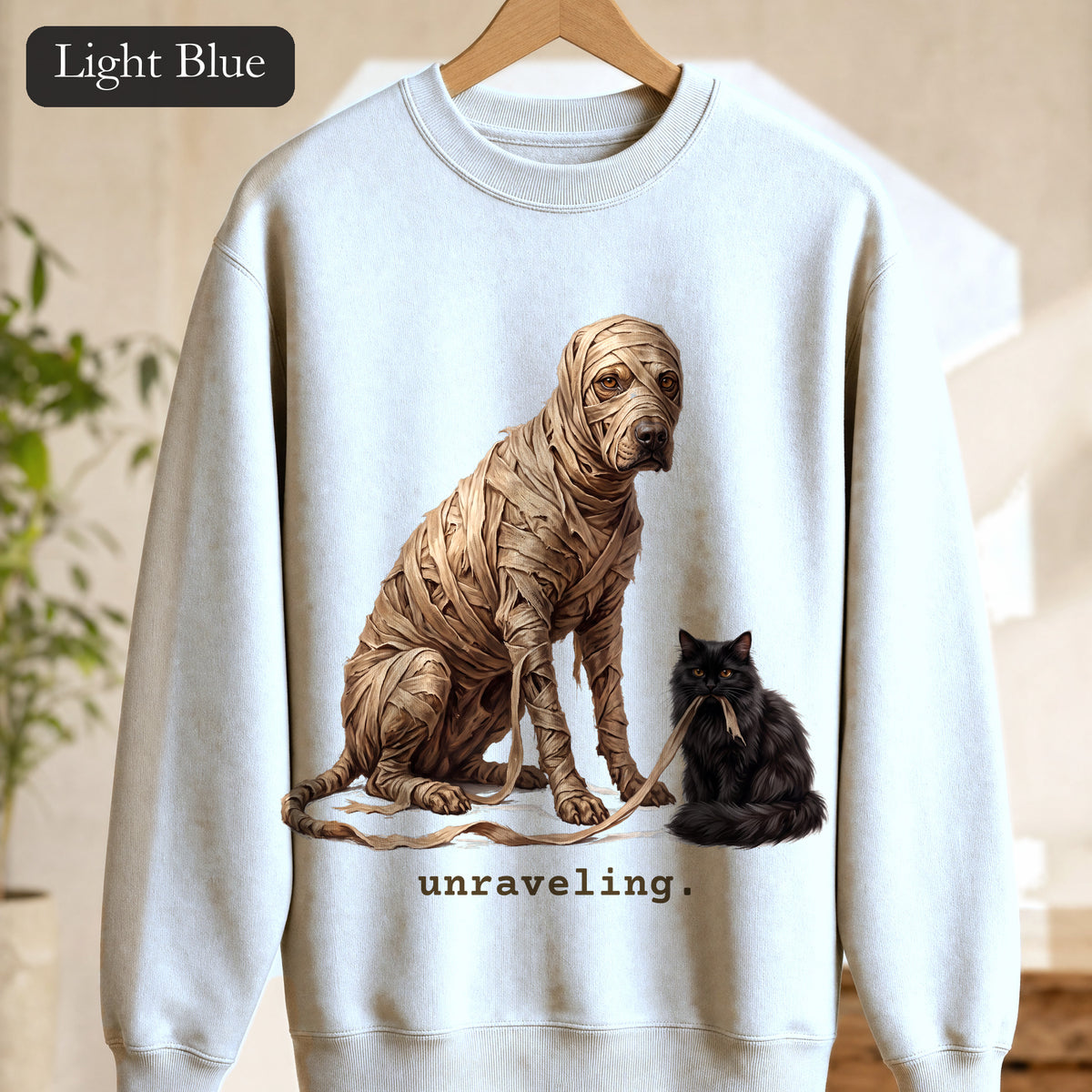 Unraveling Mummy & Cat Sweatshirt, Funny Halloween Mummy Crewneck, Cozy Deadpan Spooky Sweatshirt, Black Cat Lover Gift