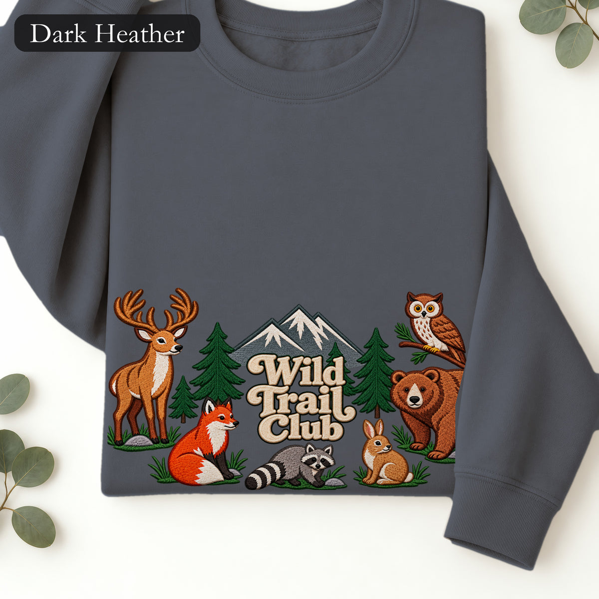 Embroidered Forest Animal Crewneck Sweatshirt | Wild Trail Club Deer Bear Fox and Owl, Nature Lover Camping Gift