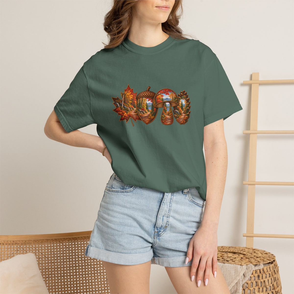 Autumn Lake Scene on Maple Leaves Shirt | Fall Landscape Tee