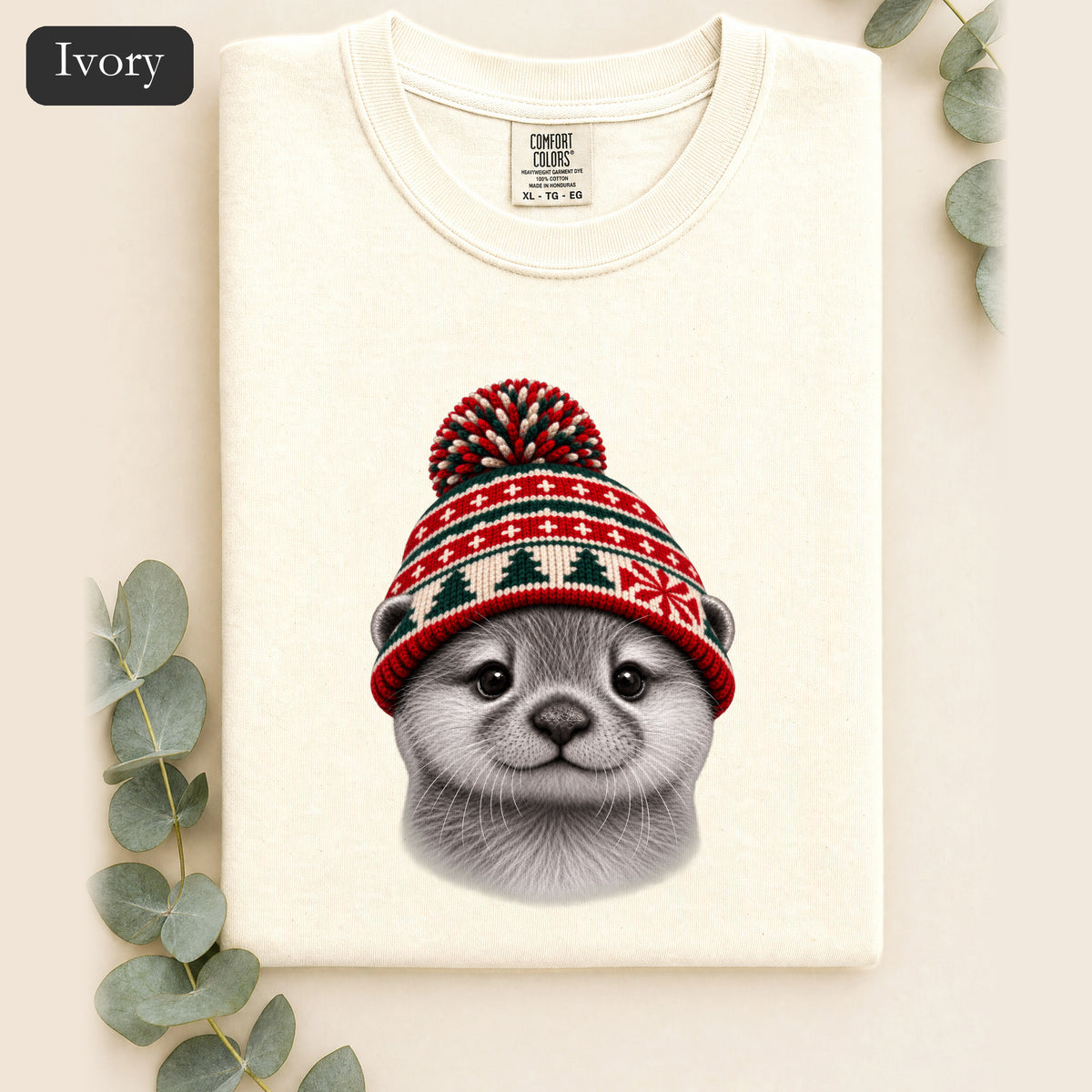 Otter Wearing Knit Christmas Winter Hat Shirt | Cute Holiday Animal Tee