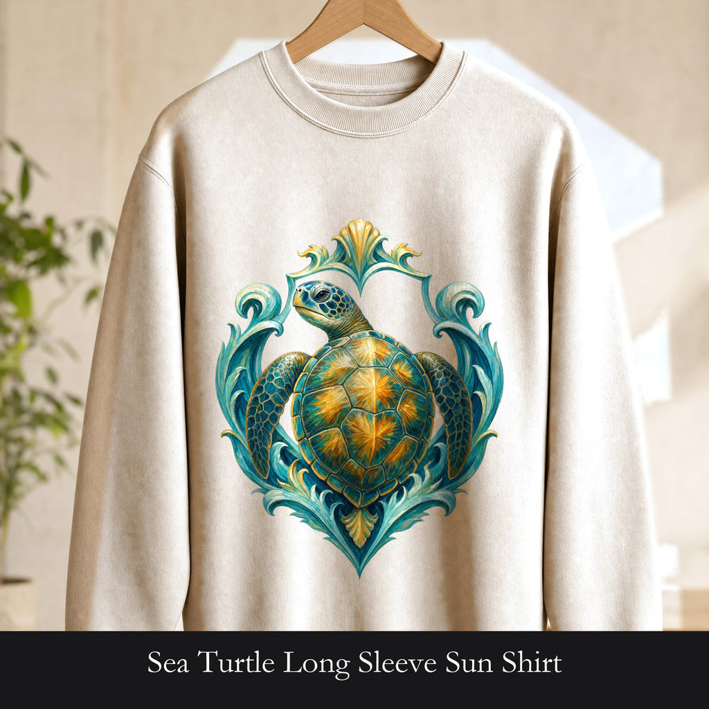 Sea Turtle Long Sleeve Sun Shirt, Painterly Turtle Crest Swim Tee, Beach Ocean Lover Gift, Coastal Swim Sweatshirt