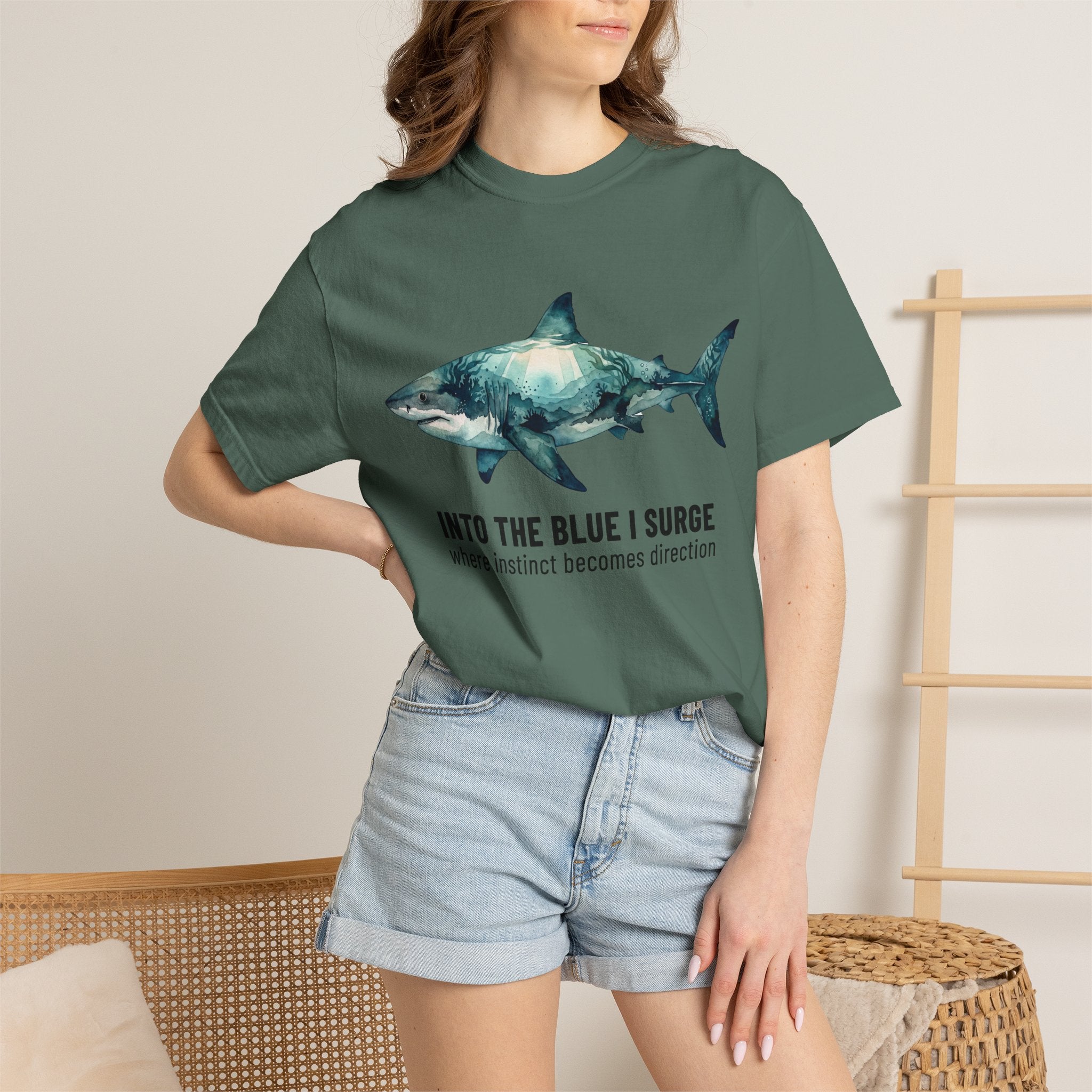 Shark Graphic Tee — "Into the Blue I Surge" Ocean Adventure T-Shirt