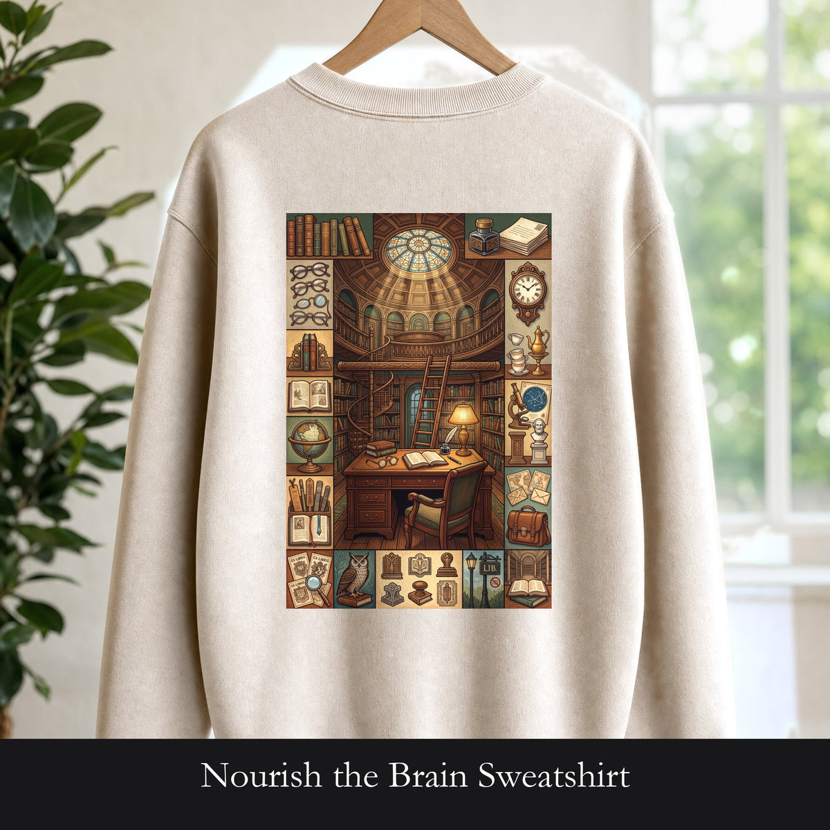 Nourish the Brain Sweatshirt, Vintage Library Poster Crewneck, Dark Academia Book Lover Sweatshirt, Librarian Reader Gift