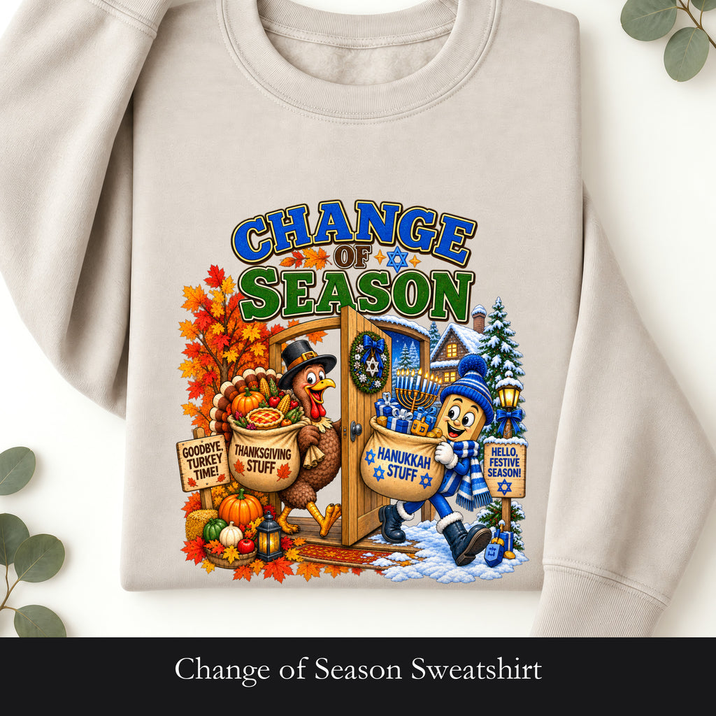Change of Season Sweatshirt | Fall to Winter Leaves, Snow &Hanukkah Illustration