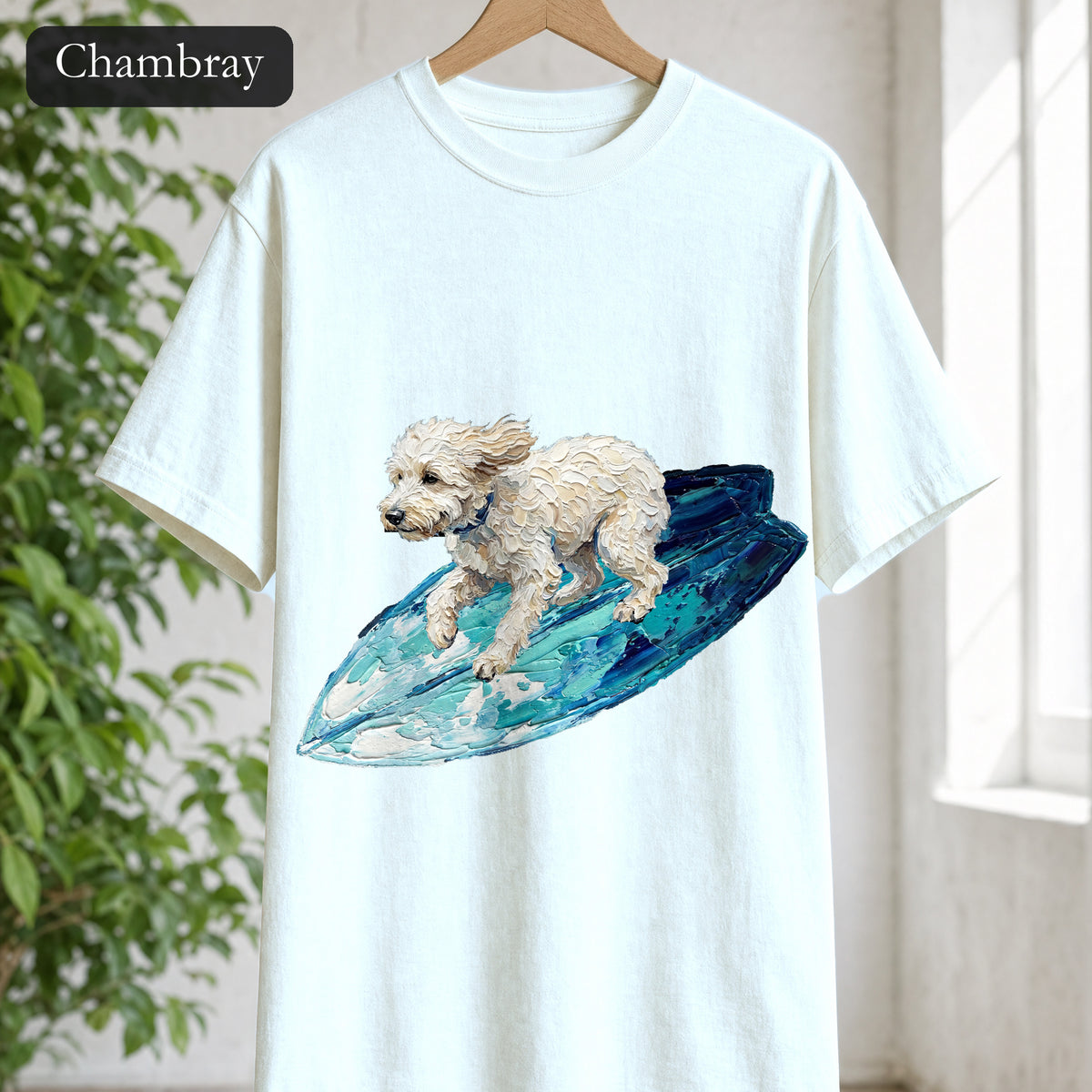 Surfing Dog Shirt, Painterly Surf Dog Tee, Beach Coastal Dog Lover Gift, Summer Ocean Dog Mom Sweatshirt