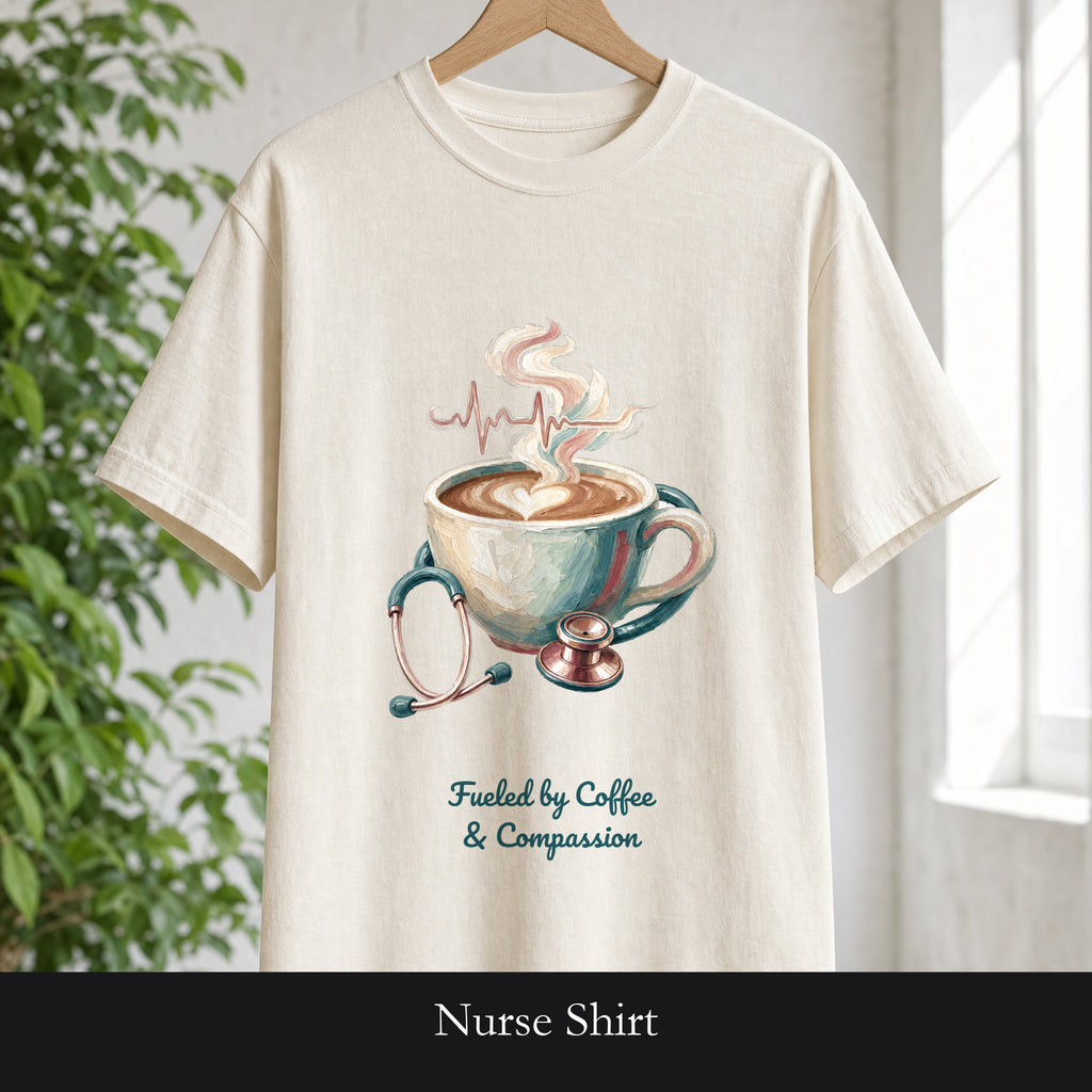 Nurse Shirt, Fueled by Coffee and Compassion Tee, Nurse Week RN Gift, Painterly Nurse Coffee Sweatshirt