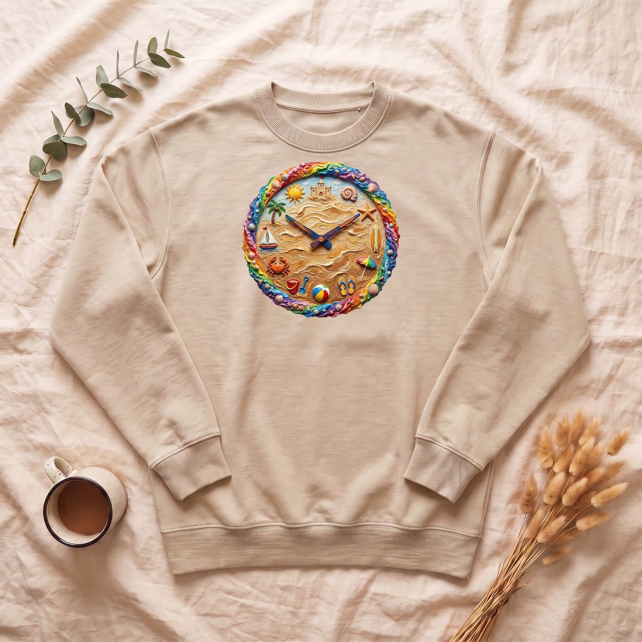 Beach Clock Shirt, Dreamy Coastal Art Tee, Surreal Beach Lover Gift, Summer Ocean Sweatshirt