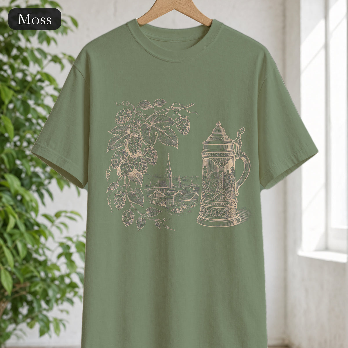 Vintage Beer Stein Illustration Shirt | Hops Vine Scenic Design