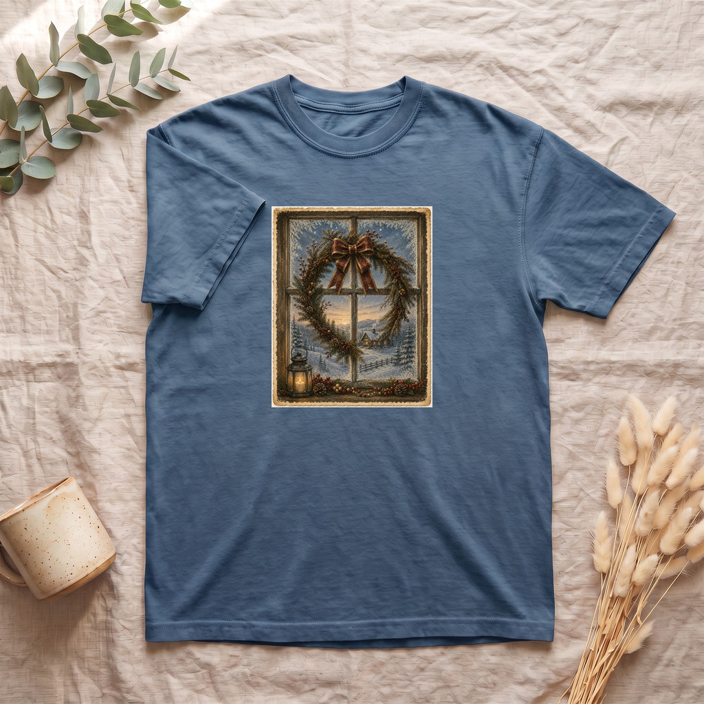 Winter Wreath Window Scene Shirt | Vintage Holiday Postcard