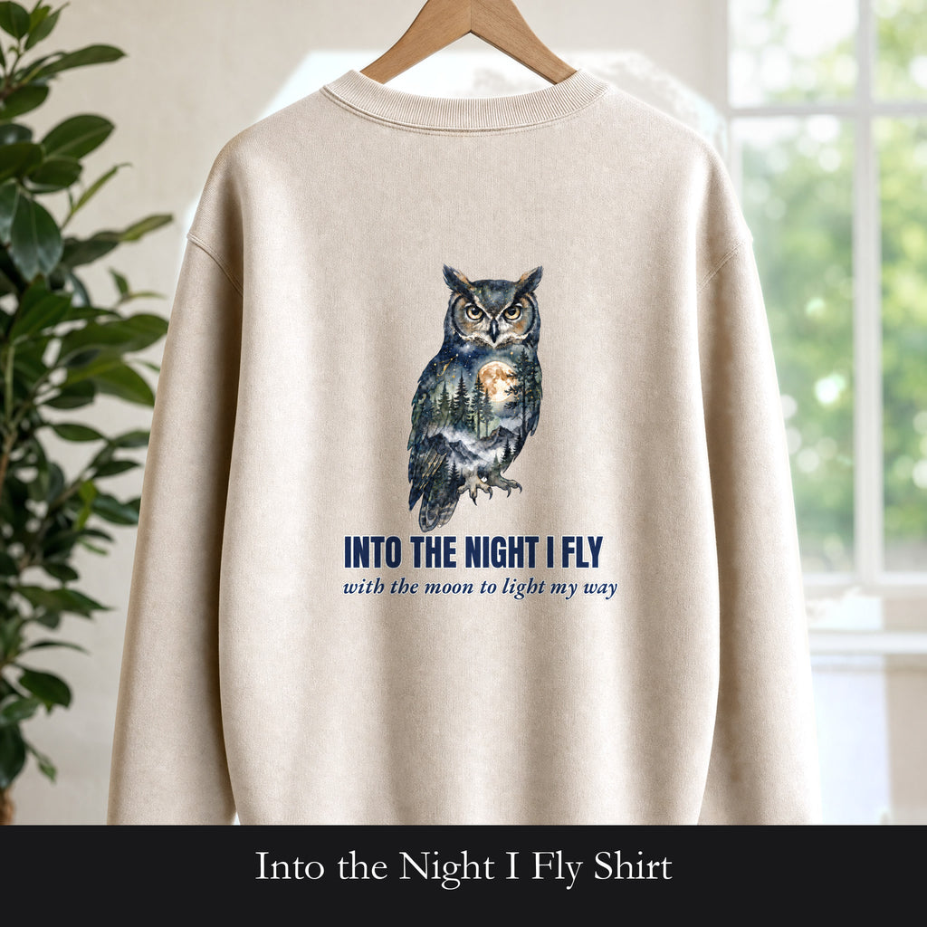 Into the Night I Fly Shirt, Owl Double Exposure Tee, Starlit Forest Nature Lover Gift, Woodland Wildlife Sweatshirt