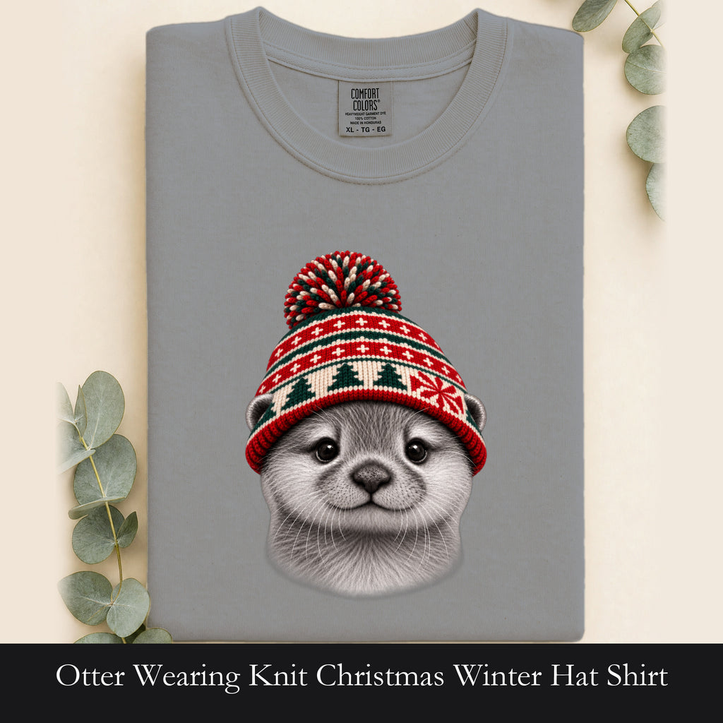 Otter Wearing Knit Christmas Winter Hat Shirt | Cute Holiday Animal Tee