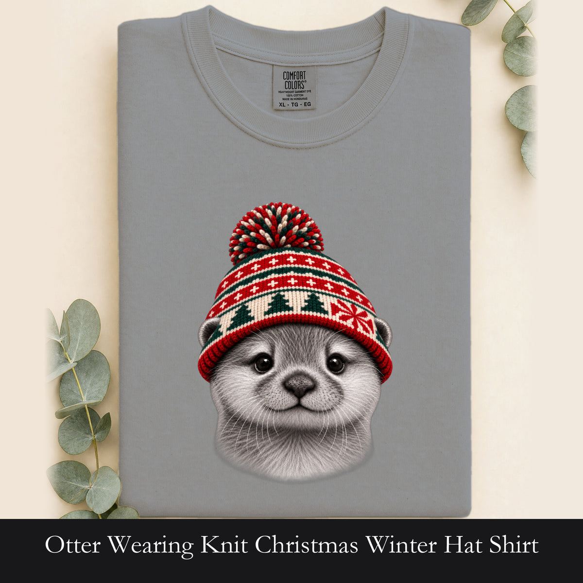 Otter Wearing Knit Christmas Winter Hat Shirt | Cute Holiday Animal Tee
