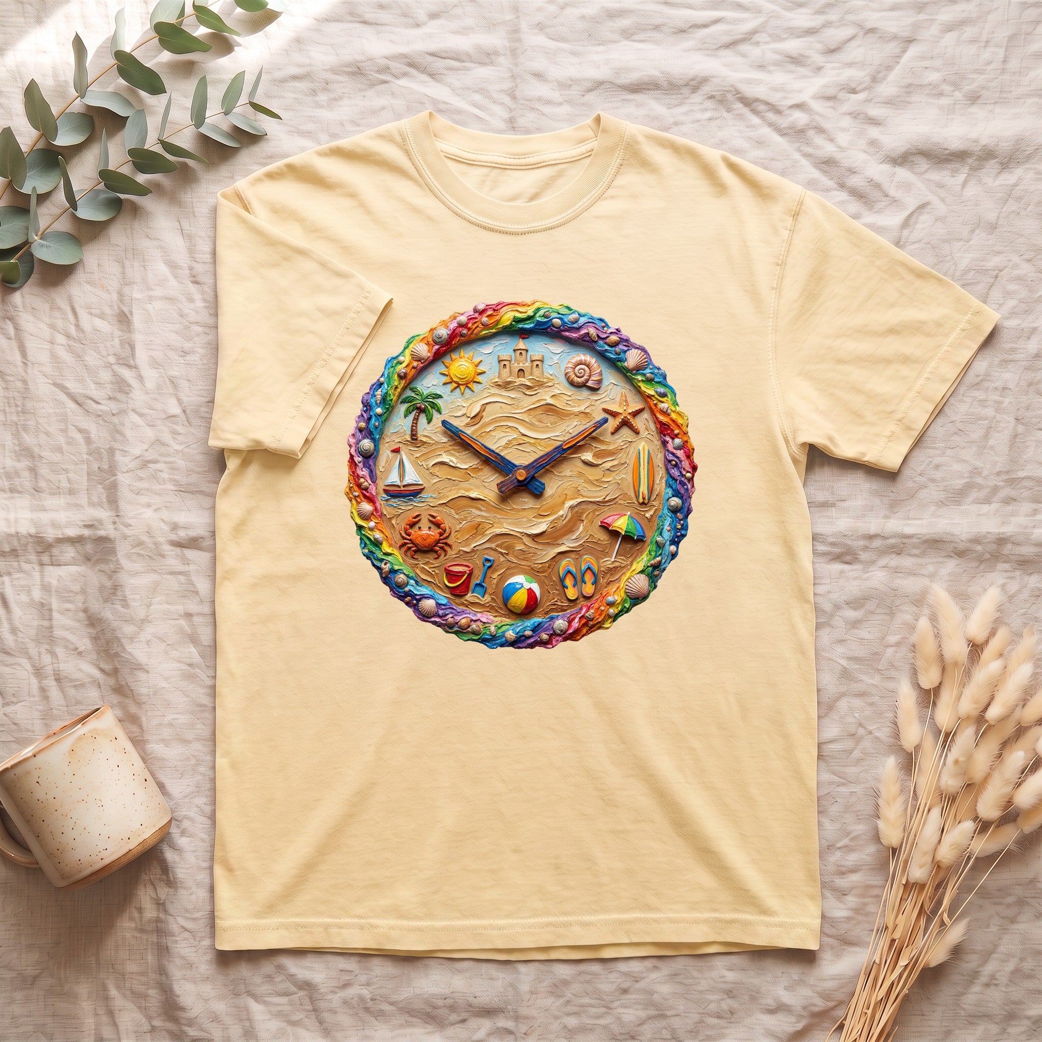 Beach Clock Shirt, Dreamy Coastal Art Tee, Surreal Beach Lover Gift, Summer Ocean Sweatshirt