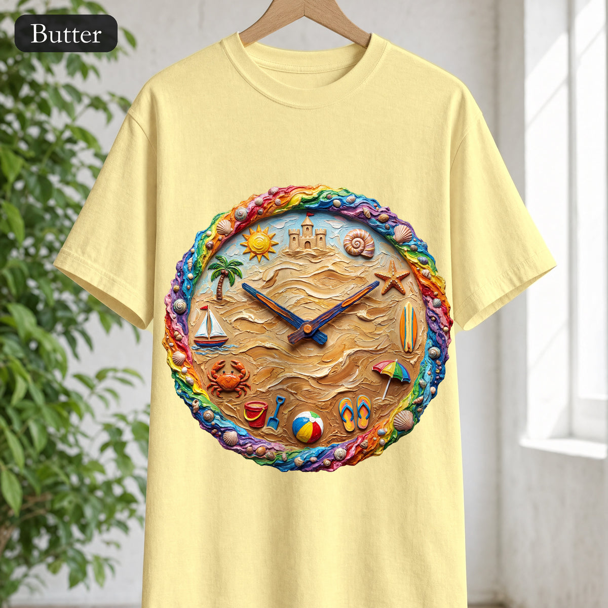 Beach Clock Shirt, Dreamy Coastal Art Tee, Surreal Beach Lover Gift, Summer Ocean Sweatshirt