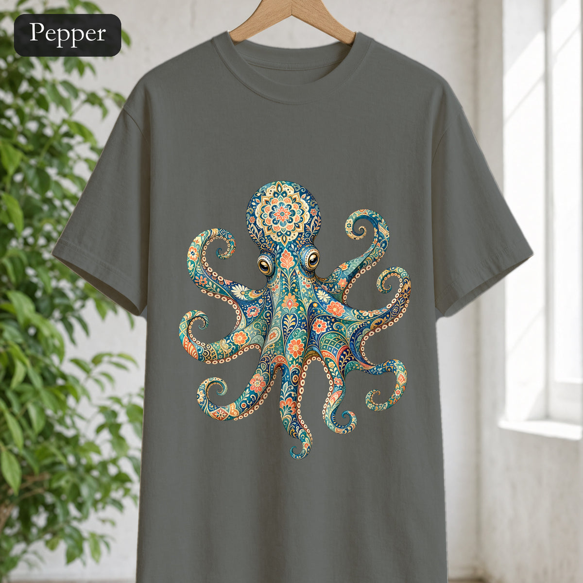 Boho Octopus Shirt, Folk Art Octopus Tee, Japanese Pattern Ocean Lover Gift, Vintage Floral Octopus Sweatshirt