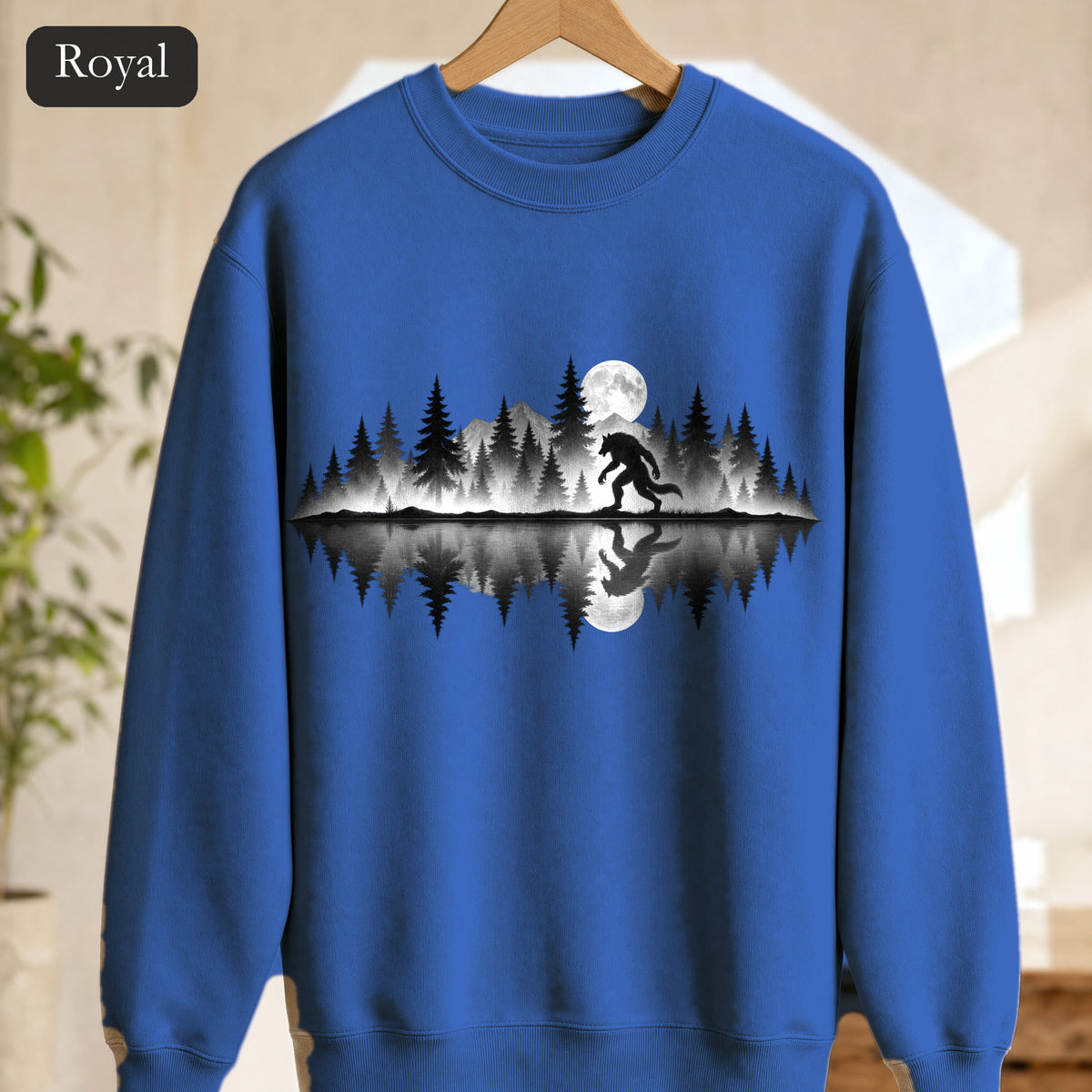 Werewolf Silhouette Moonlight Forest Sweatshirt | Werewolf Lake Reflection