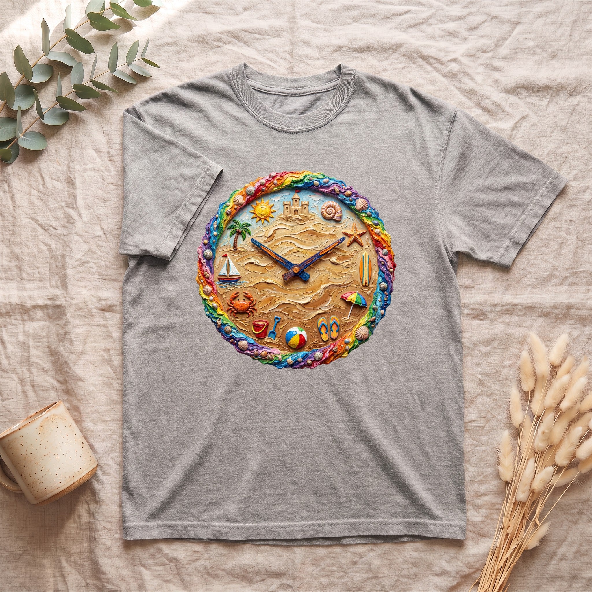 Beach Clock Shirt, Dreamy Coastal Art Tee, Surreal Beach Lover Gift, Summer Ocean Sweatshirt