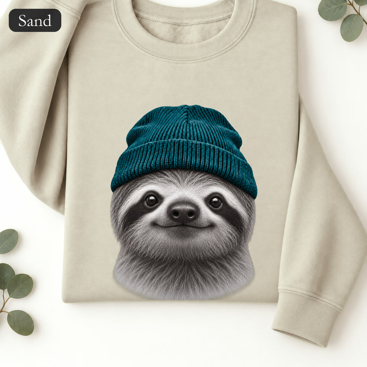 Sloth Wearing Knit Beanie | Cozy Winter Animal Crewneck