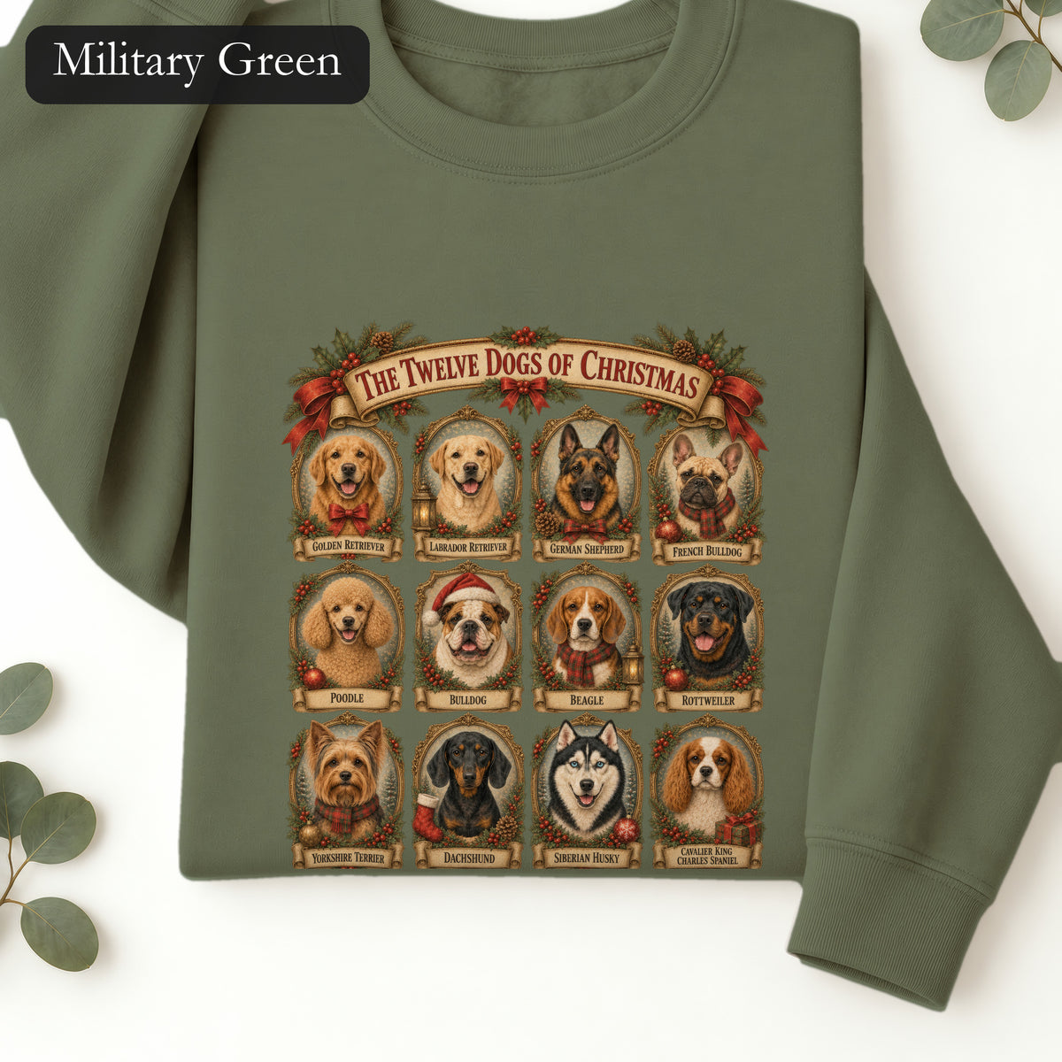 Twelve Dogs of Christmas Sweatshirt | Vintage Dog Portraits Holiday