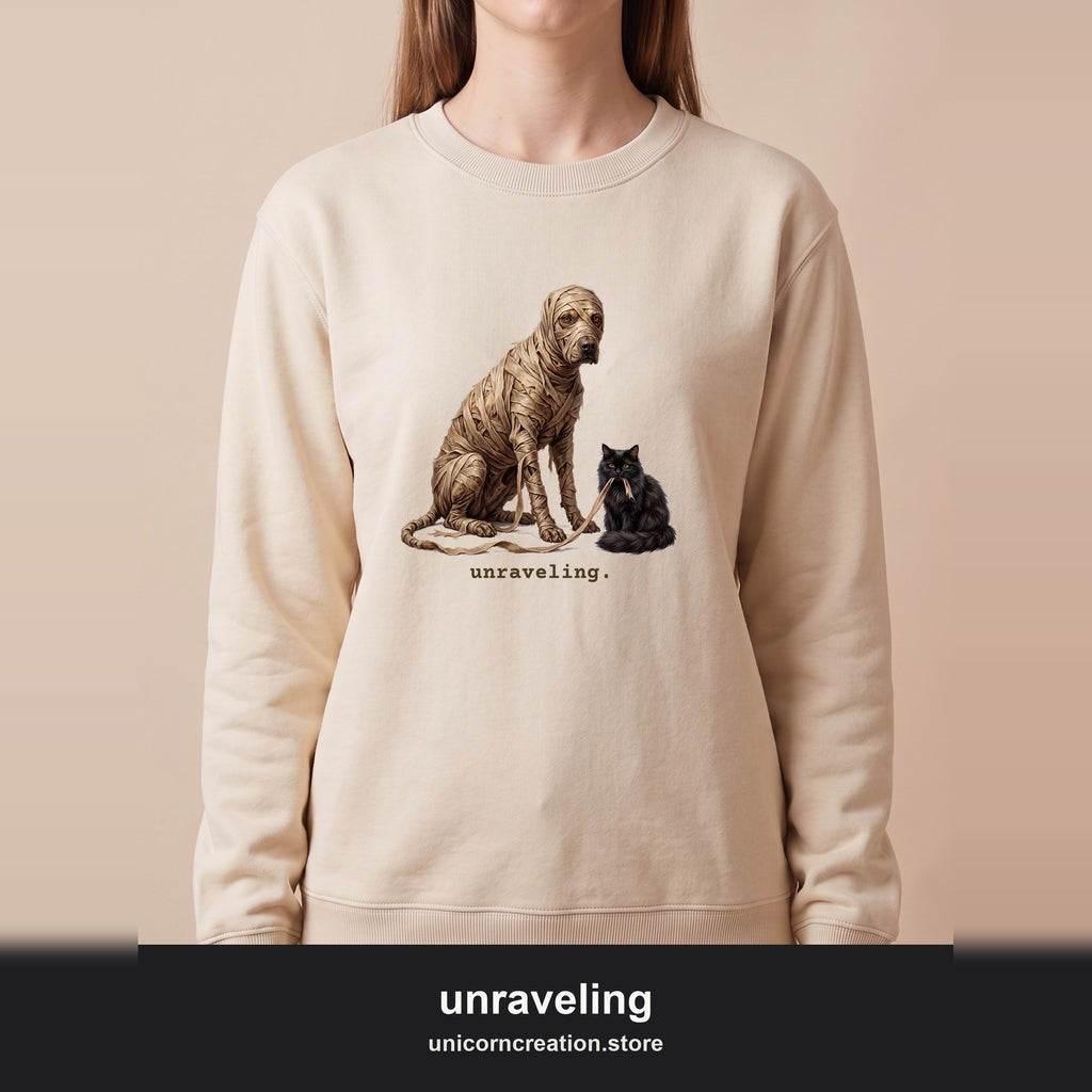 Unraveling Mummy & Cat Sweatshirt, Funny Halloween Mummy Crewneck, Cozy Deadpan Spooky Sweatshirt, Black Cat Lover Gift