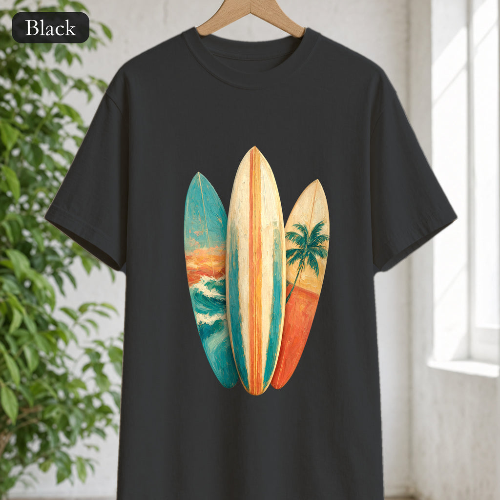 Vintage Surfboard Shirt, Painterly Surf Art Tee, Beach Coastal Surfer Gift, Summer Ocean T-Shirt