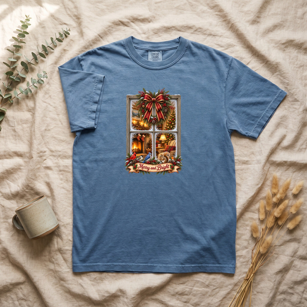 Merry and Bright Window Scene Shirt | Christmas Bow, Wreath, Candlelights