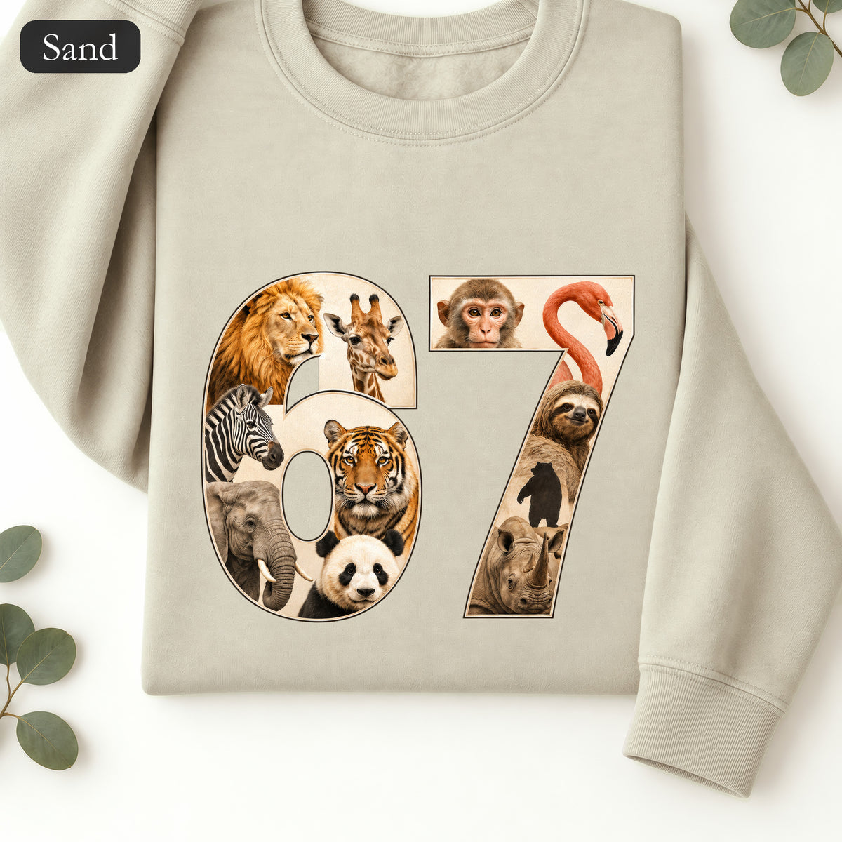 67 Zoo Animals Shirt, Funny 67 Meme Tee, Trendy Animal Number Gift, Giraffe Elephant Lion Sweatshirt