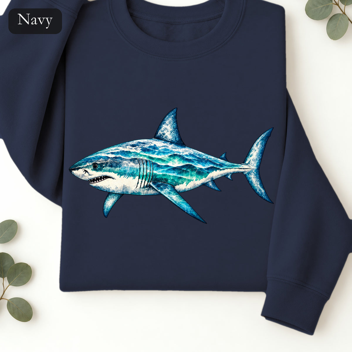 Blue Watercolor Shark Crewneck Sweatshirt | Ocean Fish Illustration