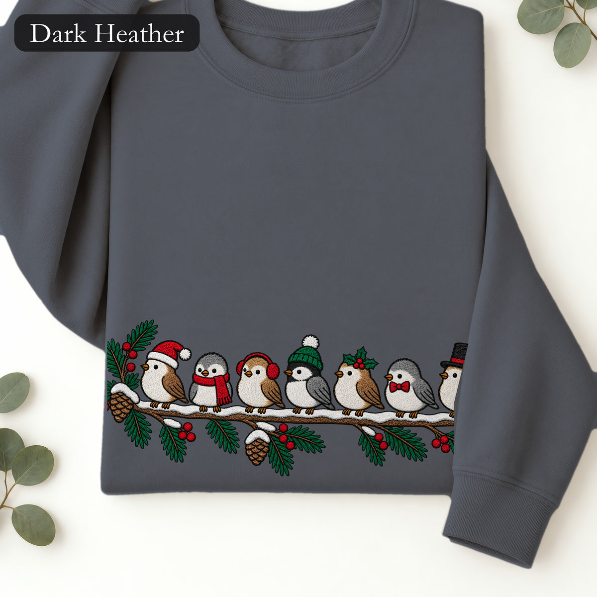 Embroidered Christmas Birds Crewneck Sweatshirt | Cute Cardinal and Holly, Winter Birds on a Snowy Branch, Bird Lover Gift