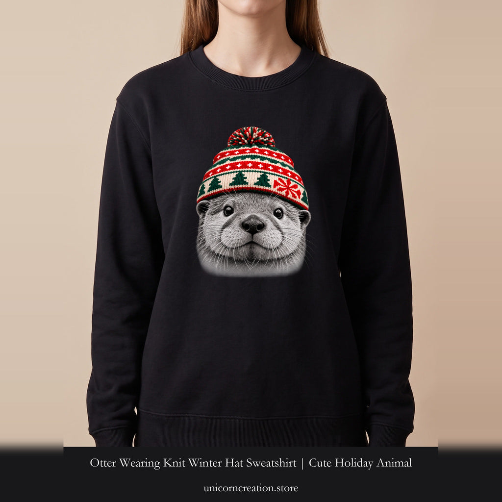 Otter Wearing Knit Winter Hat Sweatshirt | Cute Holiday Animal Crewneck