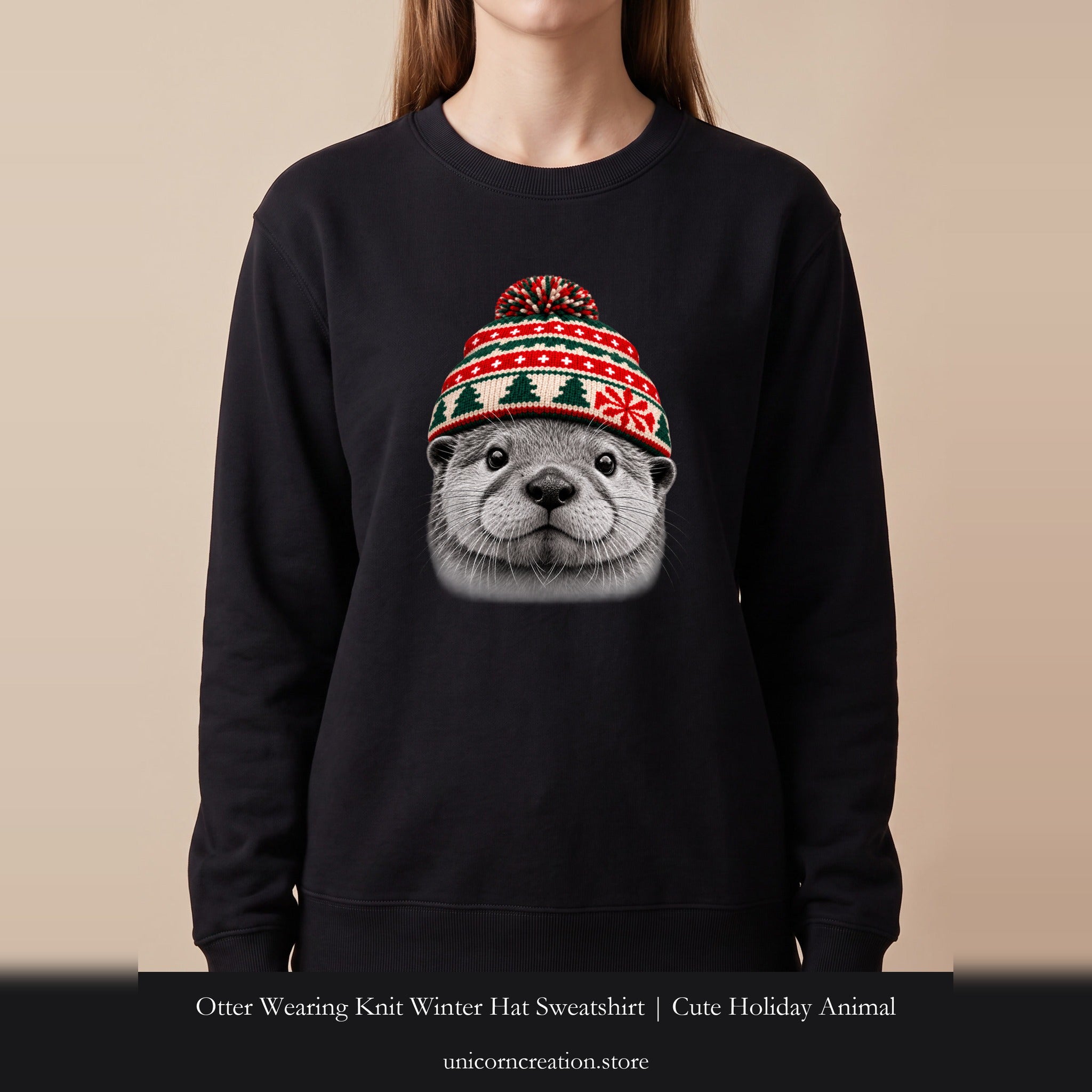 Otter Wearing Knit Winter Hat Sweatshirt | Cute Holiday Animal Crewneck