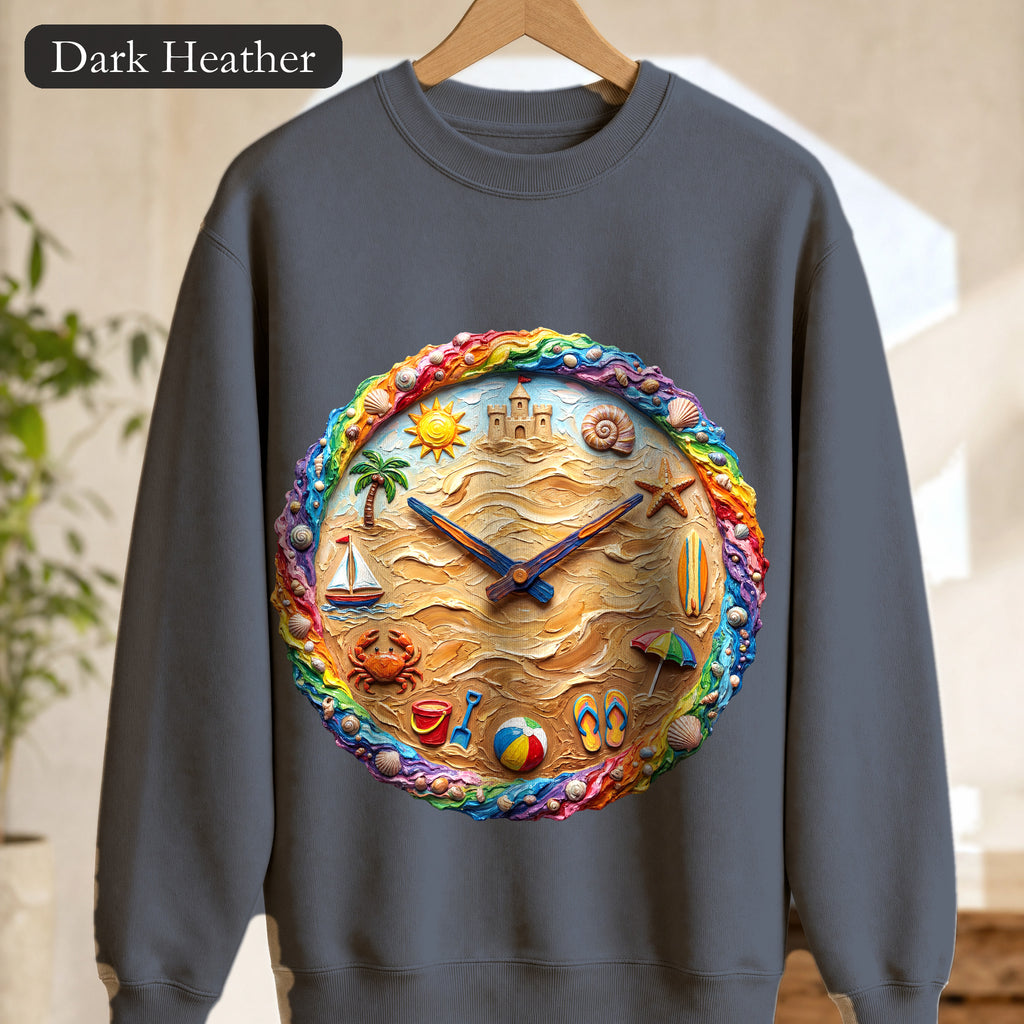 Beach Clock Shirt, Dreamy Coastal Art Tee, Surreal Beach Lover Gift, Summer Ocean Sweatshirt