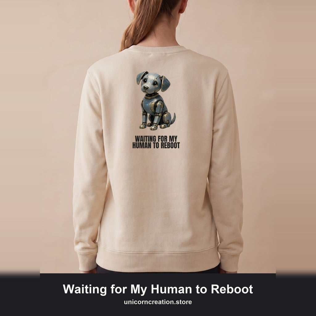 Waiting for My Human to Reboot Shirt, Funny Robot Dog Tee, Tech Programmer Gift, Sci-Fi AI Humor Sweatshirt