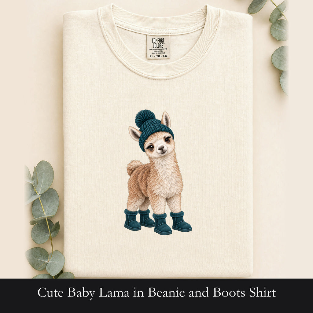 Cute Baby Lama in Beanie and Boots Shirt | Cozy Dog Graphic