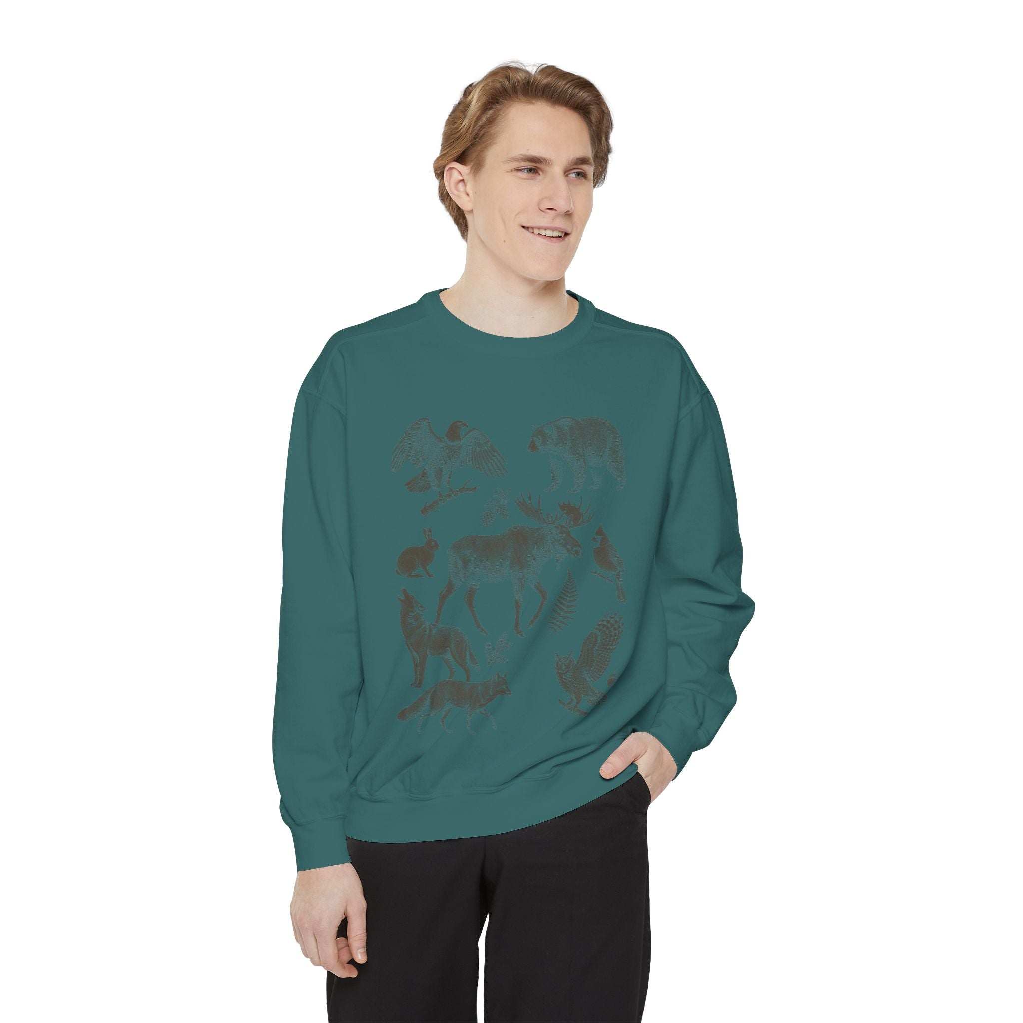 Woodland Field Guide Shirt, Forest Animals Etching Tee, Bear Wolf Moose Owl Nature Gift, Vintage Camping Sweatshirt