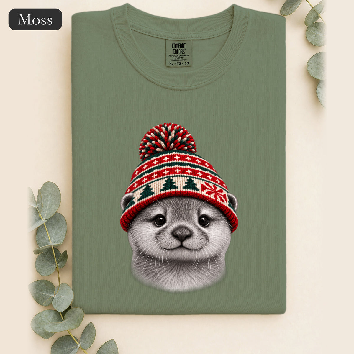 Otter Wearing Knit Christmas Winter Hat Shirt | Cute Holiday Animal Tee