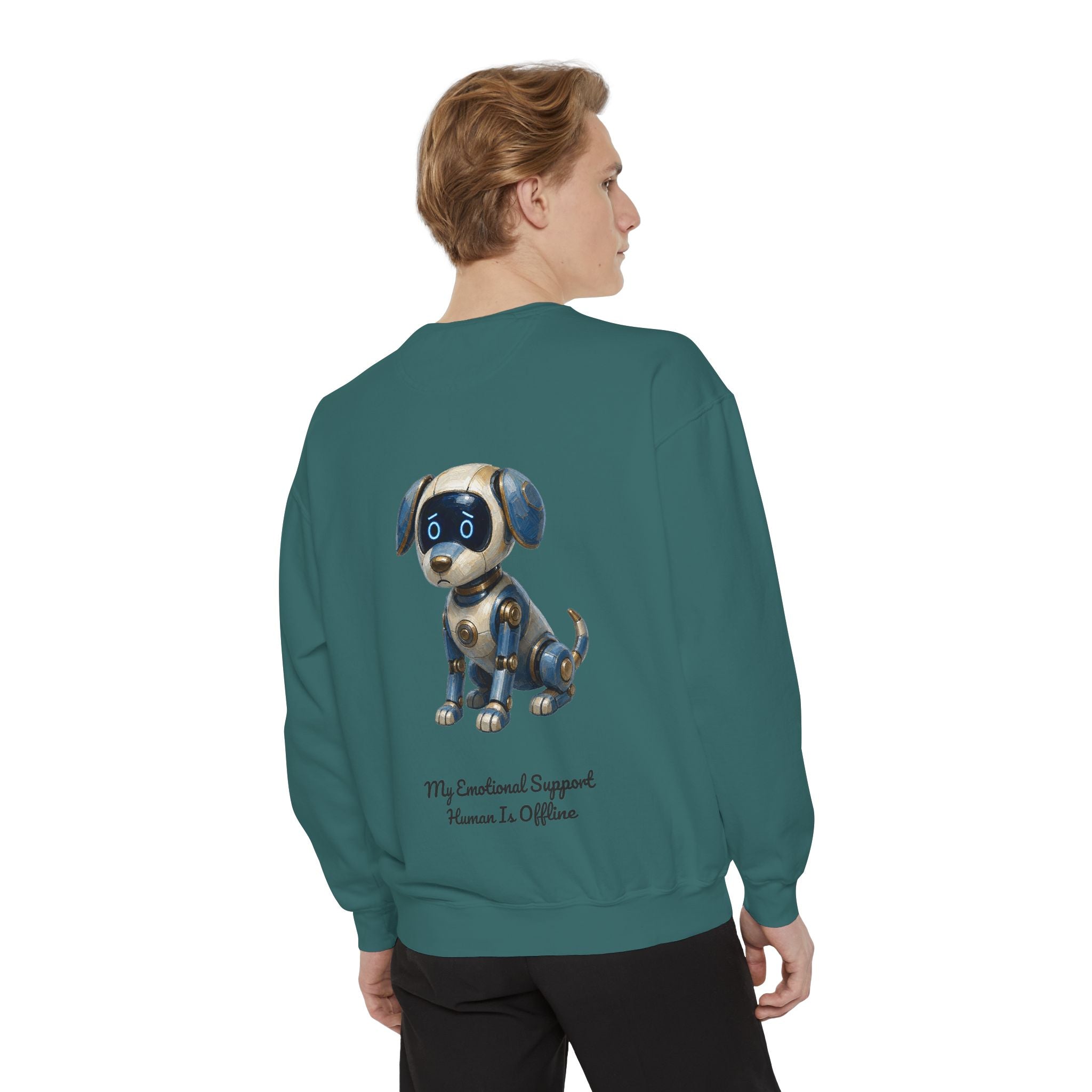 Robot Dog Emotional Support Human Offline Shirt, Funny AI Dog Tee, Tech Programmer Gift, Sci-Fi Humor Sweatshirt