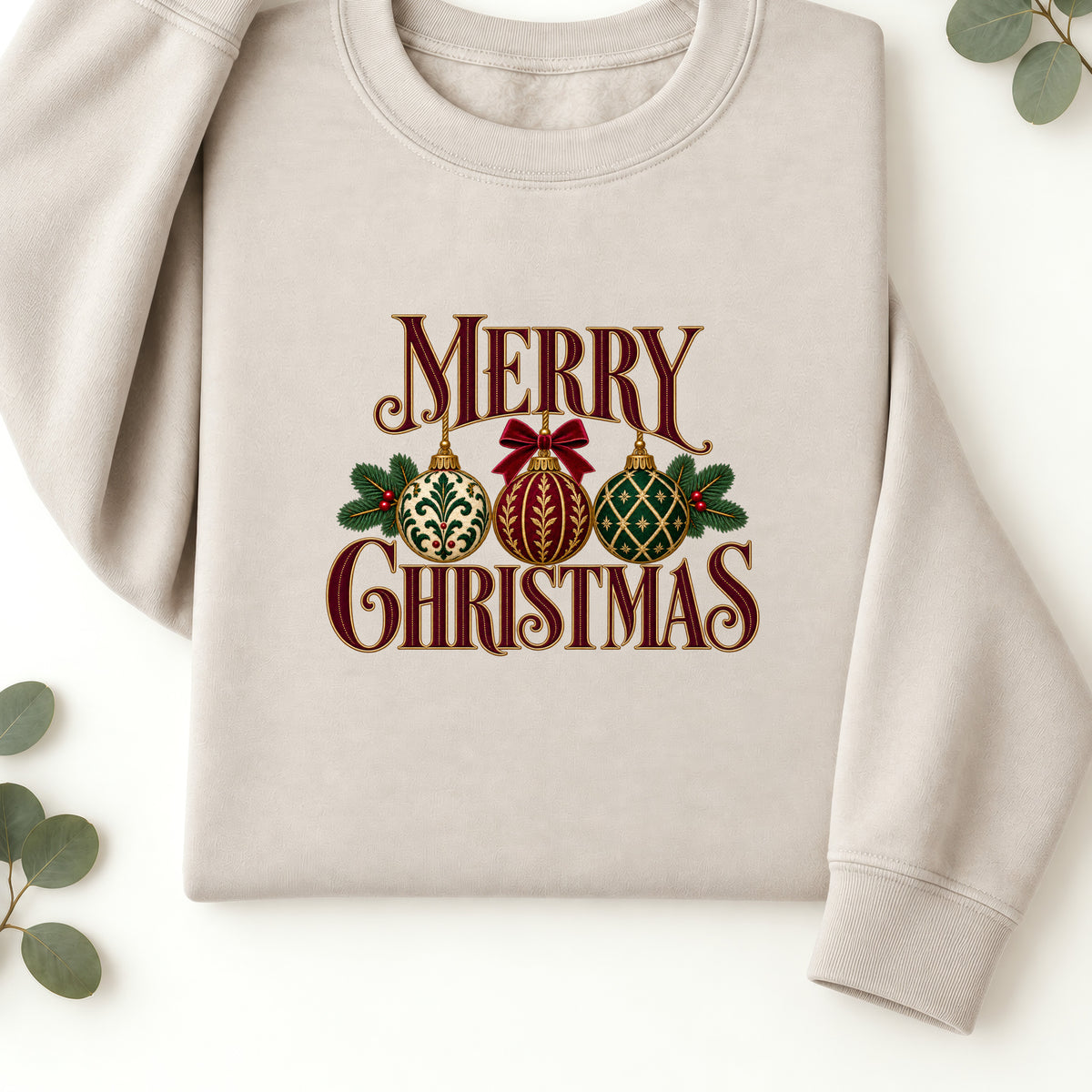 Merry Christmas Ornament Sweatshirt | Festive Christmas Ornament Long Sleeves Shirt | Faux Embroidery