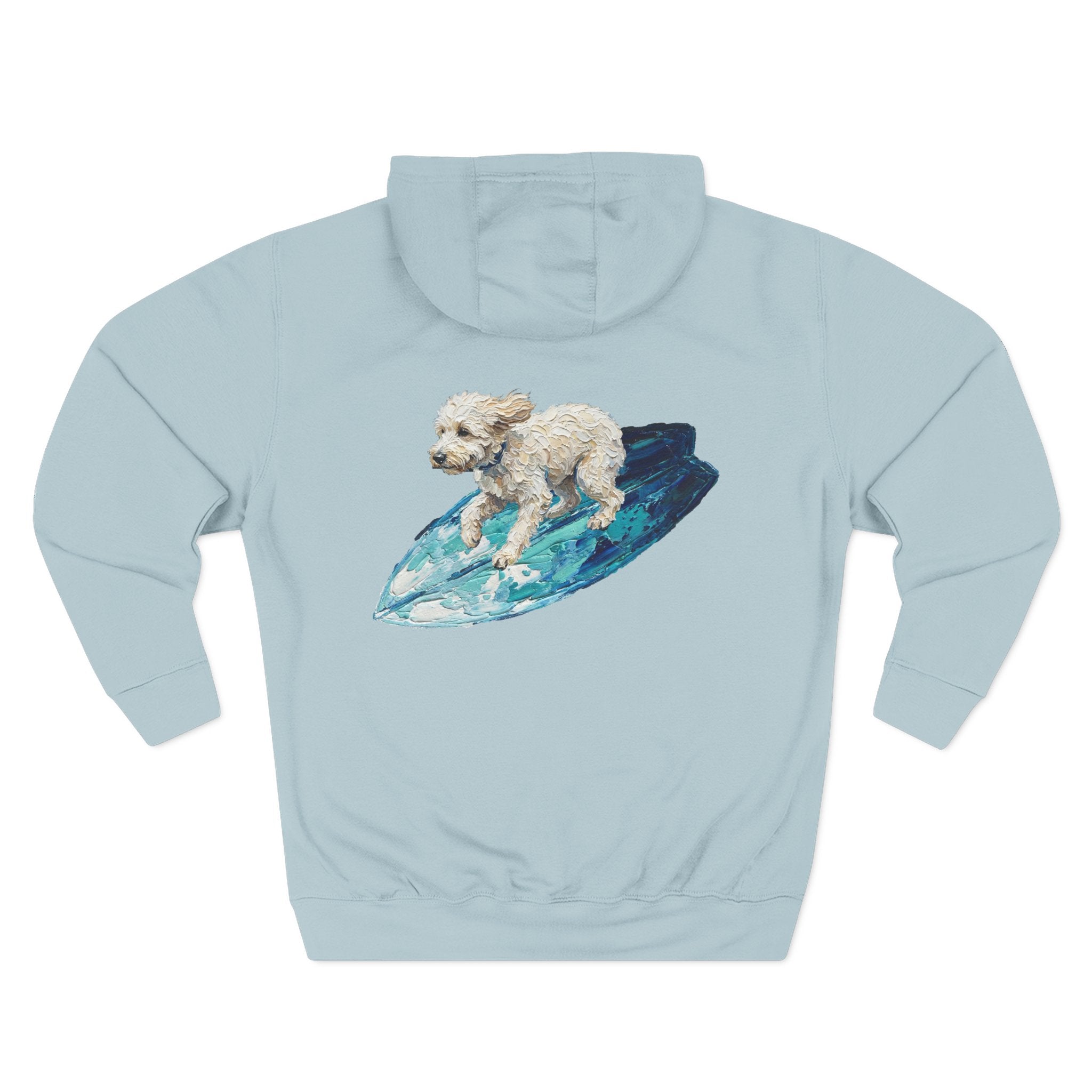 Surf Dog Hoodie — Cute White Dog Riding a Blue Surfboard Pullover