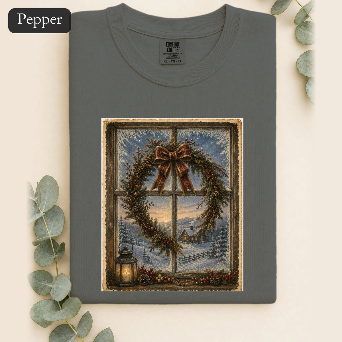 Winter Wreath Window Scene Shirt | Vintage Holiday Postcard