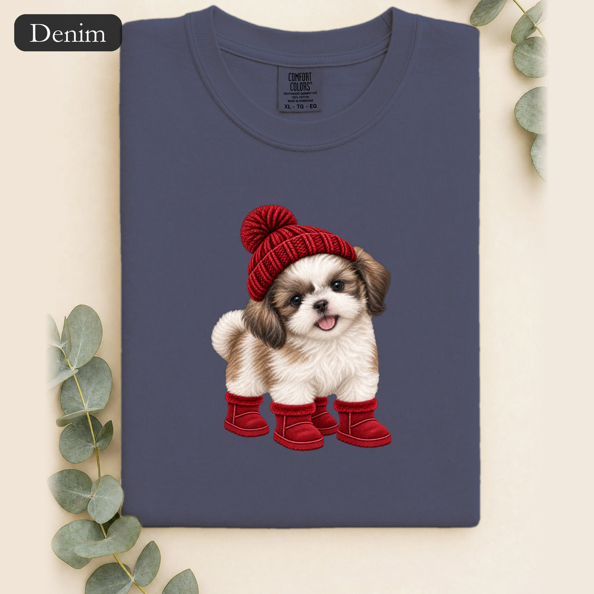 Shih Tzu Puppy in Red Beanie & Boots Shirt | Cute Dog Tee