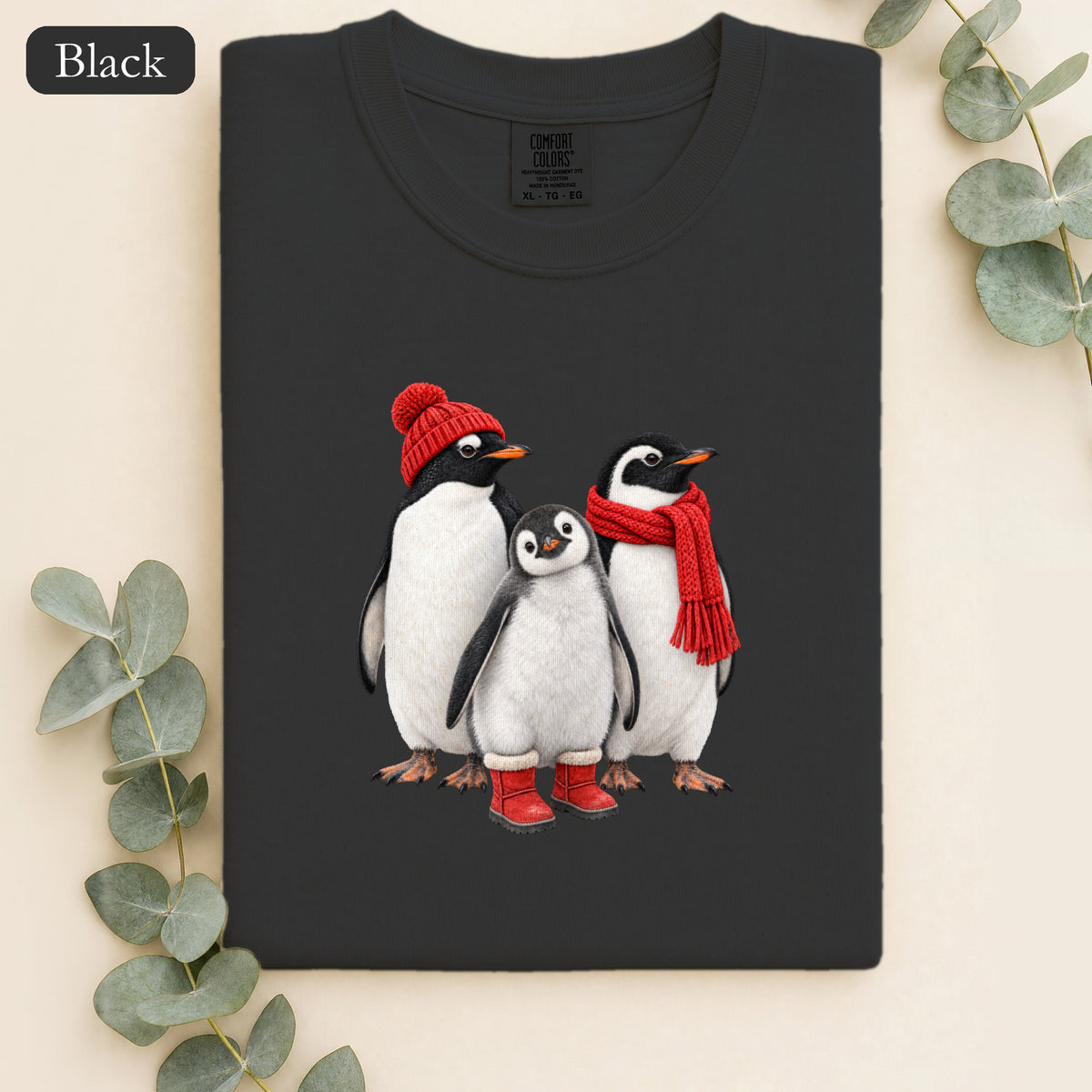 Cozy Penguin Family shirt | penguin trio with hats and scarf