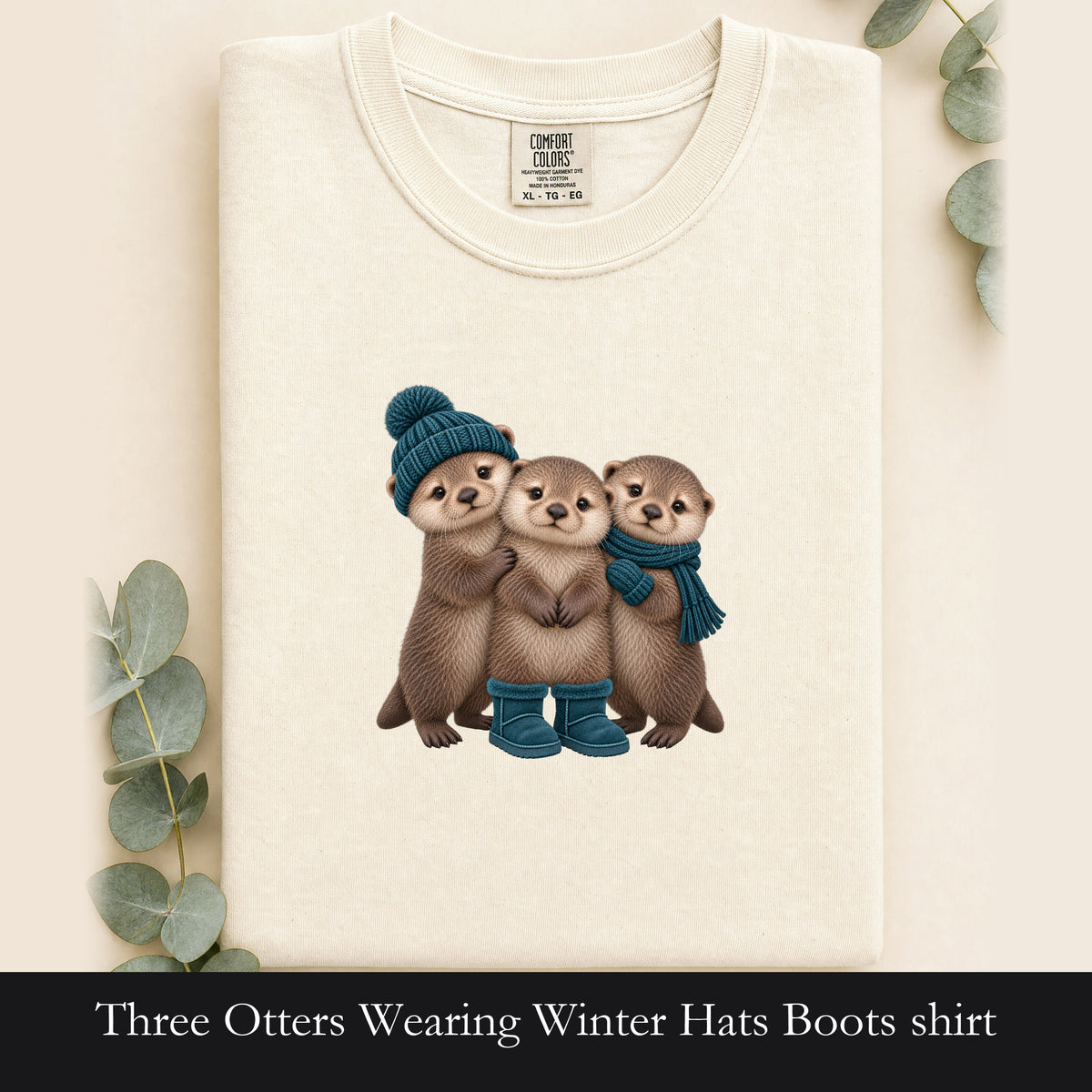 Three Otters Wearing Winter Hats Boots shirt | Cute Otter Trio Design