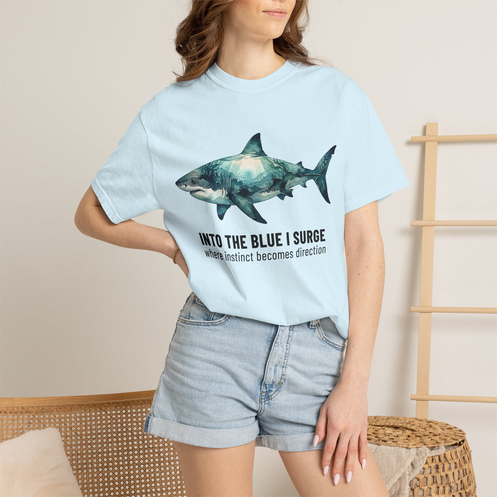 Shark Graphic Tee — "Into the Blue I Surge" Ocean Adventure T-Shirt
