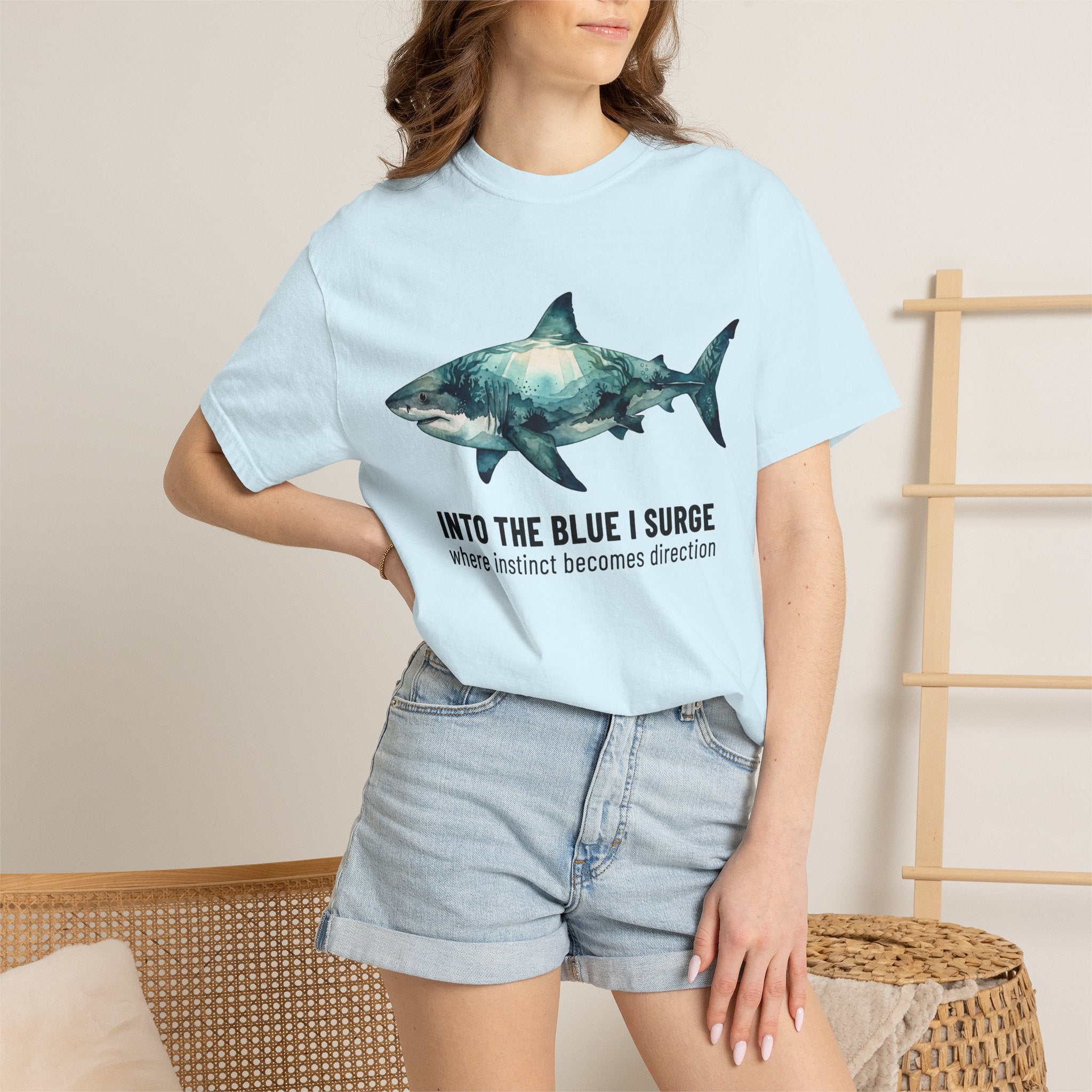Shark Graphic Tee — "Into the Blue I Surge" Ocean Adventure T-Shirt