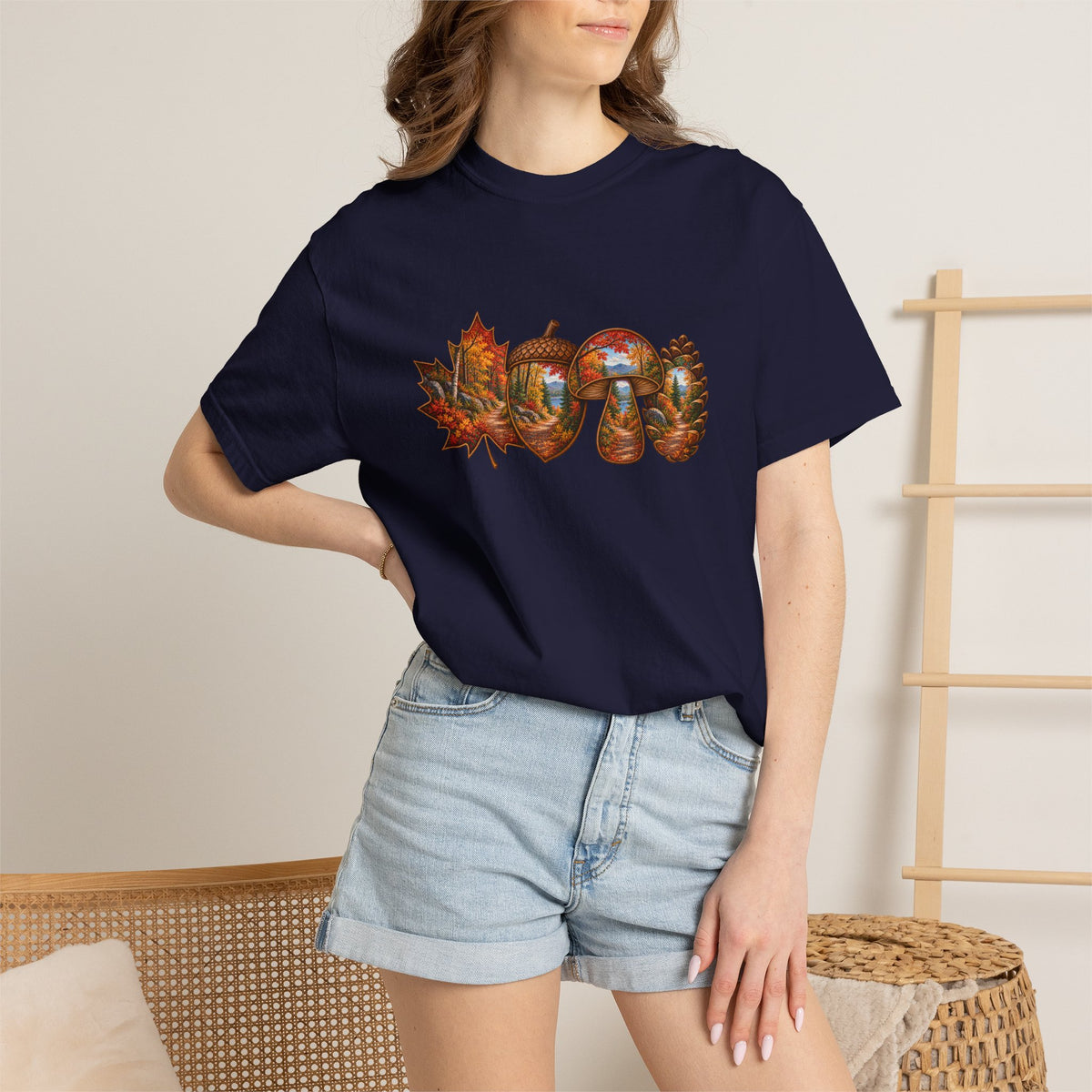 Autumn Lake Scene on Maple Leaves Shirt | Fall Landscape Tee