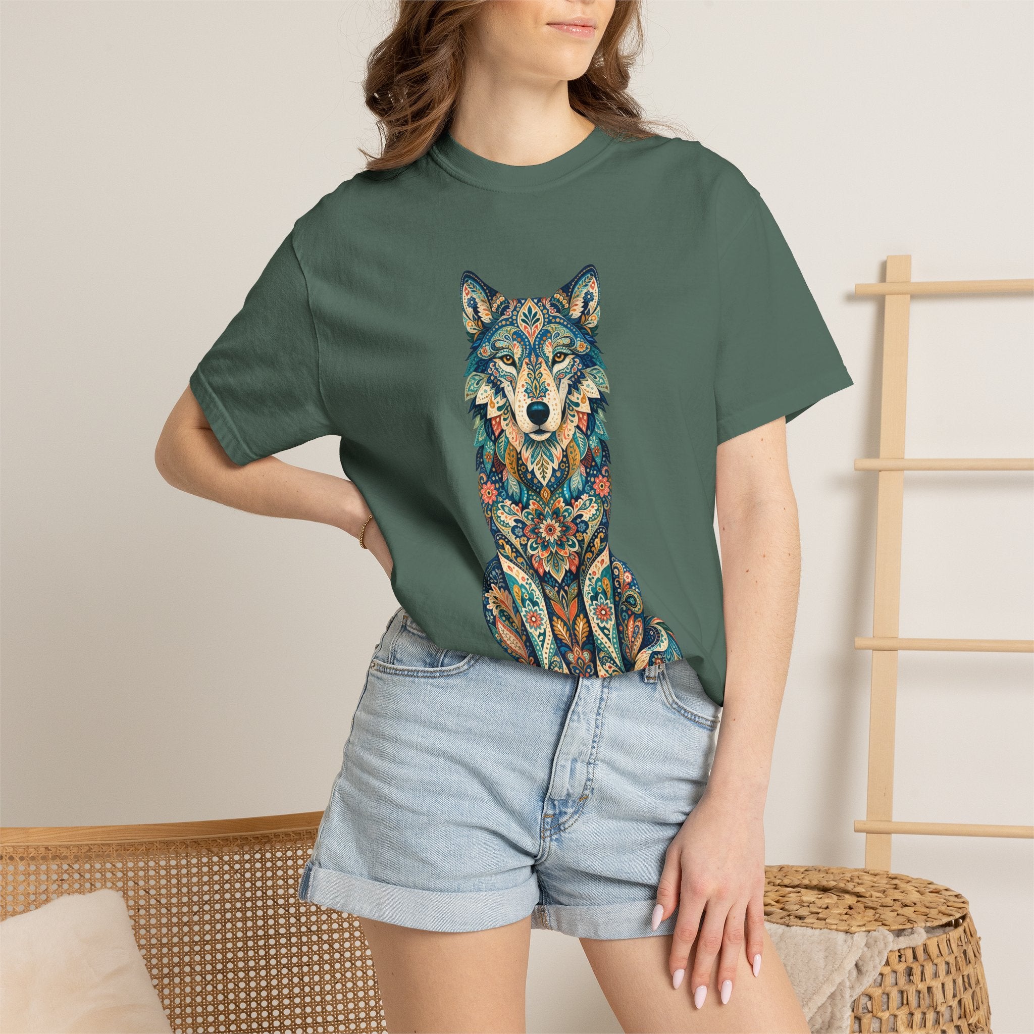 Boho Wolf Shirt, Folk Art Wolf Tee, Japanese Pattern Wolf Lover Gift, Vintage Floral Wolf Sweatshirt