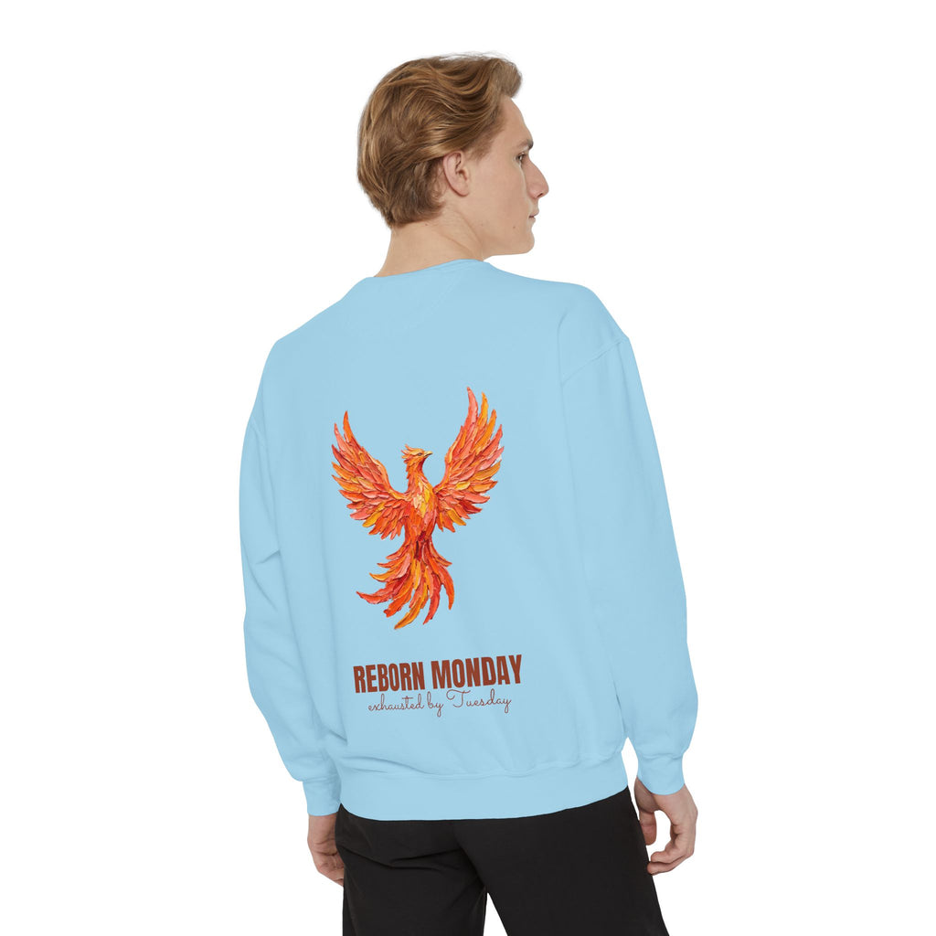 Reborn Monday Exhausted by Tuesday Shirt, Funny Phoenix Tee, Work Week Humor Gift, Painterly Fantasy Sweatshirt